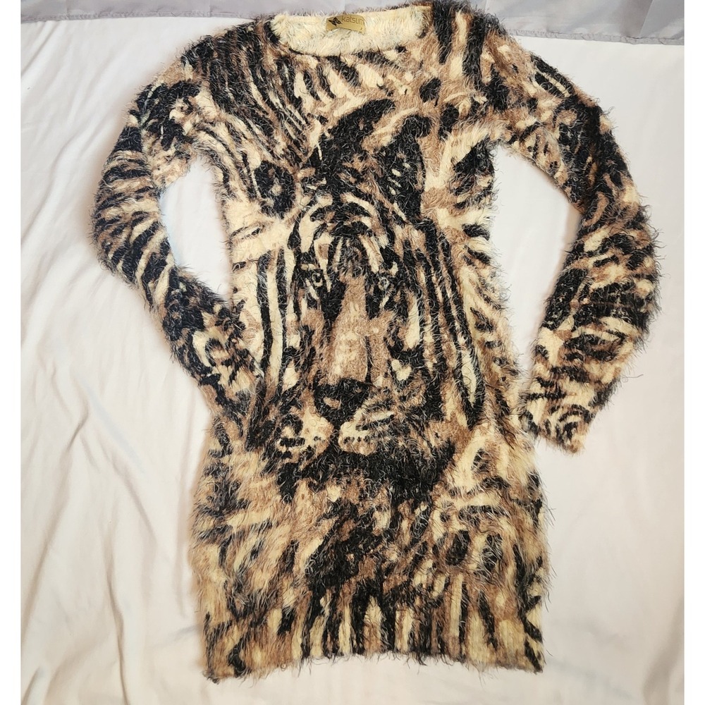 Katsumi Tiger Graphic Eyelash Knit Mini Dress Long Sleeve Y2K Indie Sleaze Small